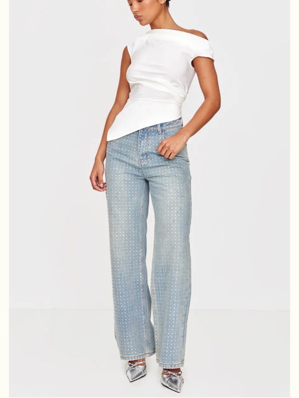 Brand New & Unworn Light Wash Rhinestones Wide Leg Jeans - Blue